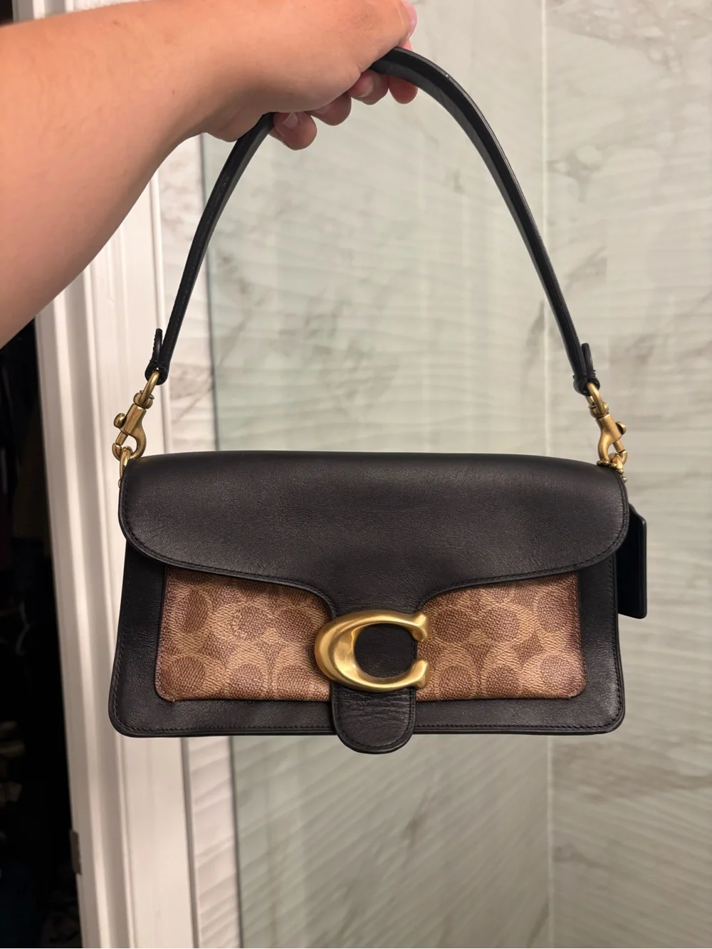 Coach Black Leather and Brown Signature Canvas Tabby Shoulder Bag Authentic